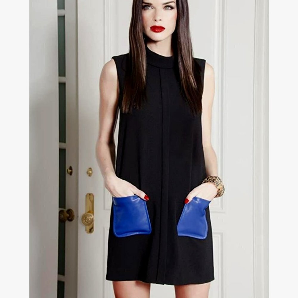 Anthropologie Dina Agam Black Crepe & Blue Lambskin Mock Sleeveless Shift Dress
